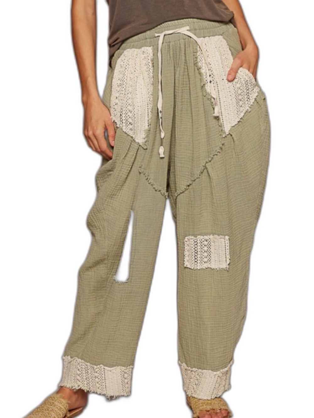 POL / Double Gauze Harem Pants / Boho Lace Jogger Pants S
